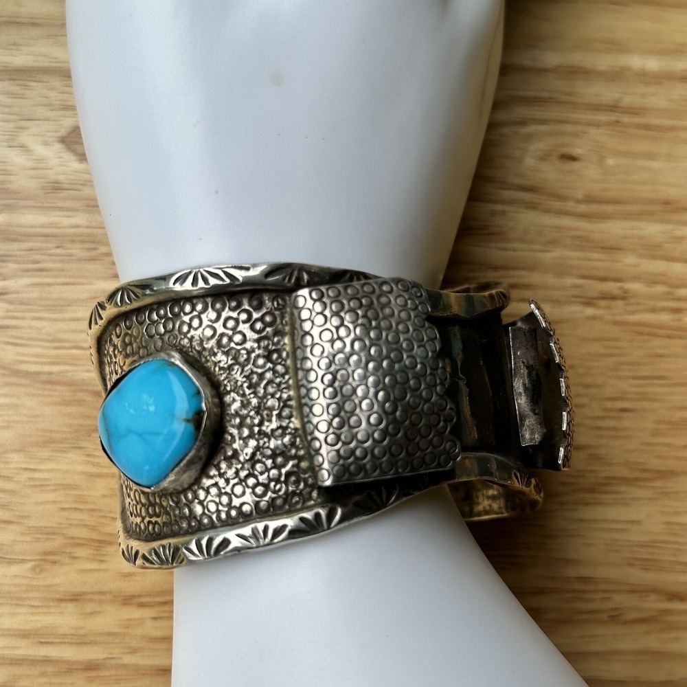 Hopi Watch Bracelet Size 7 Bisbee‎ Turquoise Lizard Signed CL Sterling 95.4g USA - Picture 3 of 13